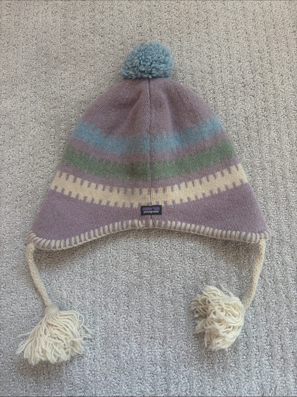 Patagonia Kids Lavender Earflap Hat with Blue Pom